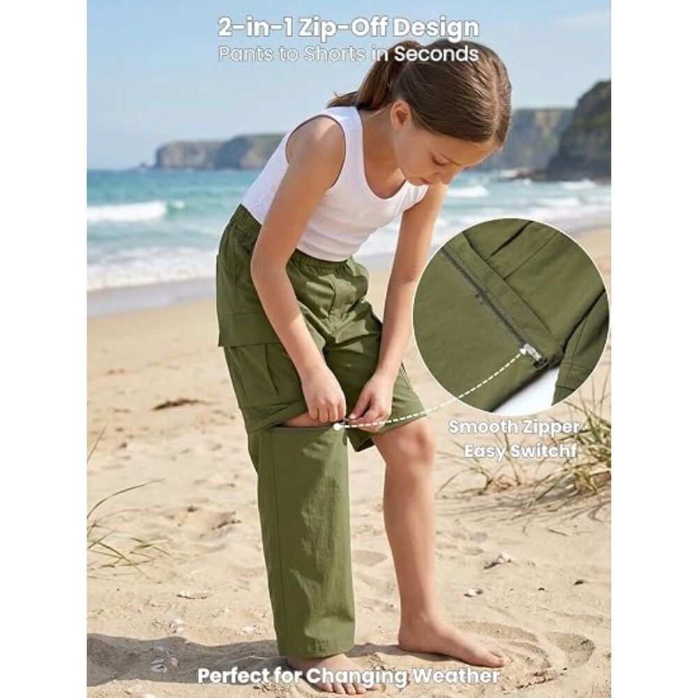 Kids Lightweight Convertible Zip-Off Cargo Pants for Girls and Boys, Sz 14Y